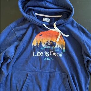 Life Is Good Navy Hoodie with Sunset Graphic